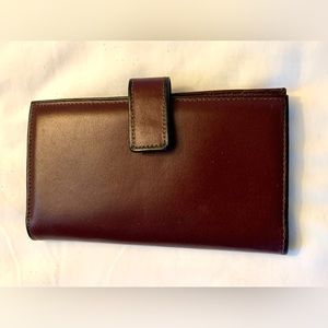 New Vtg Baronet Red/Brown Leather Wallet Check Bk Cards Kiss Lock Coin Purse